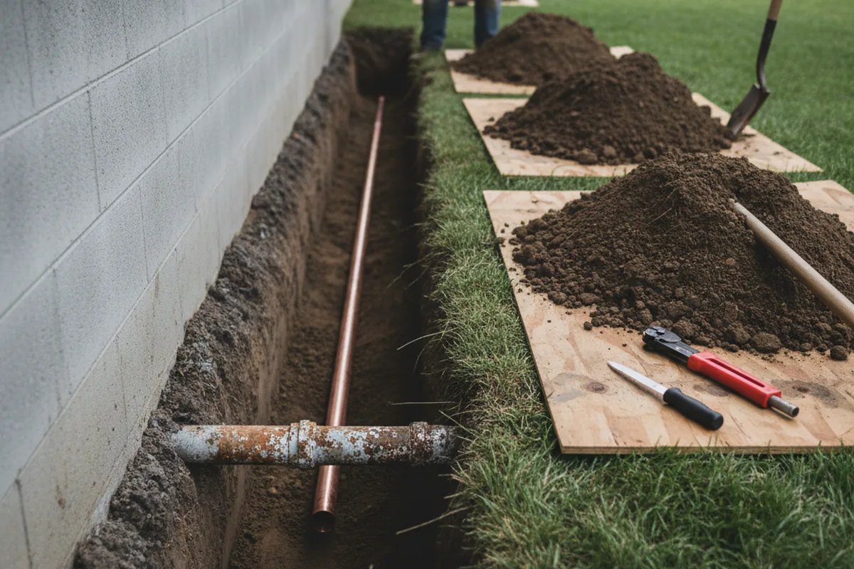 Excavated water line trench during Sewer Line Repair in Deckerville